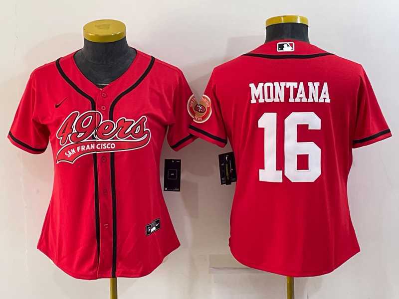 Womens San Francisco 49ers #16 Joe Montana Red With Patch Cool Base Stitched Baseball Jersey
